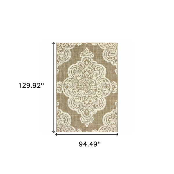 Homeroots 8' X 11' Tan Oriental Stain Resistant Indoor Outdoor Area Rug Tan,Ivory Polypropylene 507727
