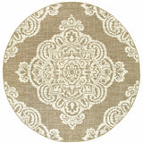 Homeroots 8' X 8' Tan Round Oriental Stain Resistant Indoor Outdoor Area Rug Tan,Ivory Polypropylene 507729