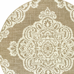 Homeroots 8' X 8' Tan Round Oriental Stain Resistant Indoor Outdoor Area Rug Tan,Ivory Polypropylene 507729