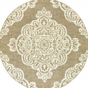 HomeRoots 5' Blue Oriental Area Rug - Timeless Elegance with Stain Resistance for Indoor and Outdoor Use Tan/ Ivory 7'10" Round 507729
