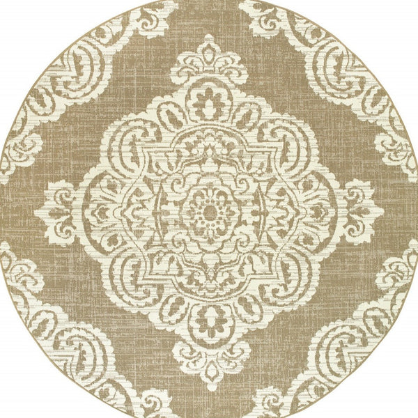 HomeRoots 5' Blue Oriental Area Rug - Timeless Elegance with Stain Resistance for Indoor and Outdoor Use Tan/ Ivory 7'10" Round 507729