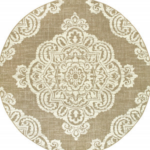 Homeroots 8' X 8' Tan Round Oriental Stain Resistant Indoor Outdoor Area Rug Tan,Ivory Polypropylene 507729