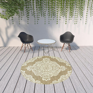 HomeRoots 5' Blue Oriental Area Rug - Timeless Elegance with Stain Resistance for Indoor and Outdoor Use Tan/ Ivory 7'10" Round 507729