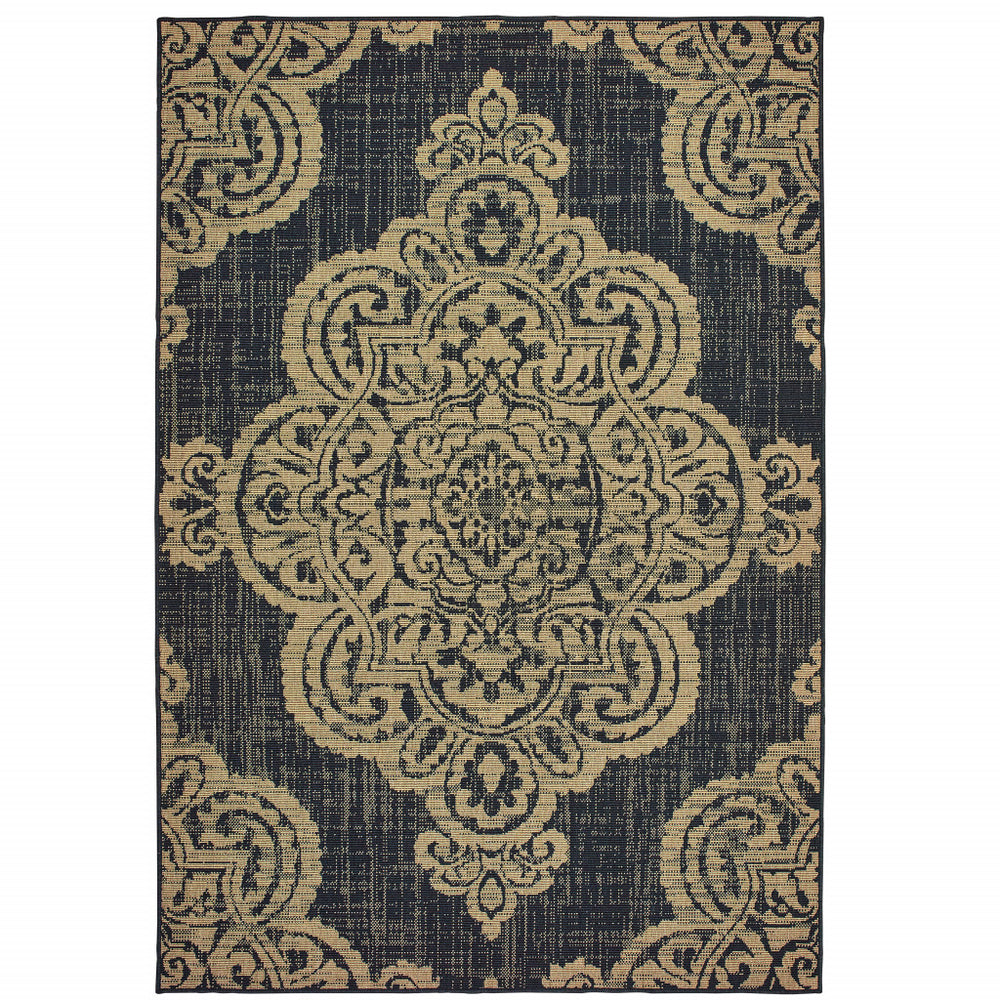 Homeroots 4' Blue Oriental Stain Resistant Area Rug - Stylish Indoor/Outdoor Rectangle For Kids & Pets Black,Tan Polypropylene 507733