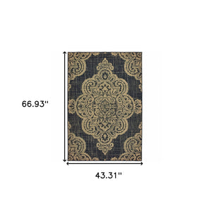 Homeroots 4' Blue Oriental Stain Resistant Area Rug - Stylish Indoor/Outdoor Rectangle For Kids & Pets Black,Tan Polypropylene 507733