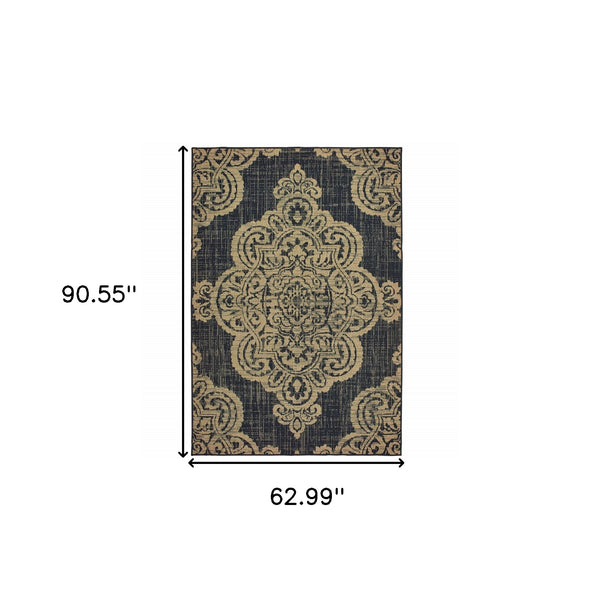 Homeroots 5' X 8' Black And Tan Oriental Stain Resistant Indoor Outdoor Area Rug Black,Tan Polypropylene 507734