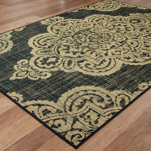 HomeRoots 5' Blue Oriental Area Rug - Timeless Elegance with Stain Resistance for Indoor and Outdoor Use Black/ Tan 7'10" x 10'10" 507736