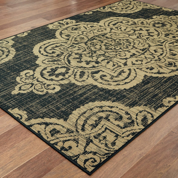 HomeRoots 5' Blue Oriental Area Rug - Timeless Elegance with Stain Resistance for Indoor and Outdoor Use Black/ Tan 7'10" x 10'10" 507736