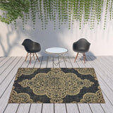 Homeroots 8' X 11' Black And Tan Oriental Stain Resistant Indoor Outdoor Area Rug Black,Tan Polypropylene 507736