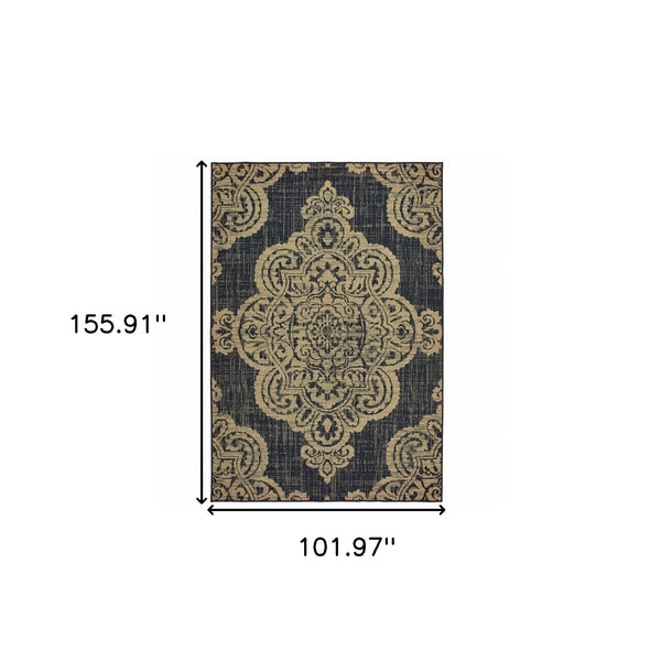 Homeroots 9' X 13' Black And Tan Oriental Stain Resistant Indoor Outdoor Area Rug Black,Tan Polypropylene 507737