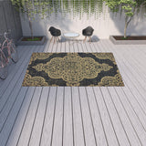 Homeroots 9' X 13' Black And Tan Oriental Stain Resistant Indoor Outdoor Area Rug Black,Tan Polypropylene 507737