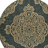 Homeroots 8' X 8' Black And Tan Round Oriental Stain Resistant Indoor Outdoor Area Rug Black,Tan Polypropylene 507738