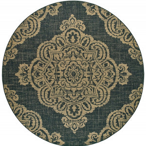 HomeRoots 5' Blue Oriental Area Rug - Timeless Elegance with Stain Resistance for Indoor and Outdoor Use Black/ Tan 7'10" Round 507738