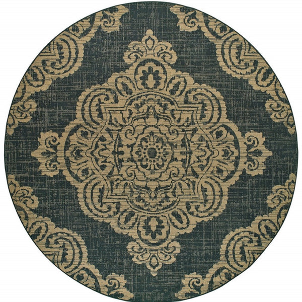 HomeRoots 5' Blue Oriental Area Rug - Timeless Elegance with Stain Resistance for Indoor and Outdoor Use Black/ Tan 7'10" Round 507738