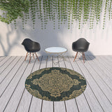 Homeroots 8' X 8' Black And Tan Round Oriental Stain Resistant Indoor Outdoor Area Rug Black,Tan Polypropylene 507738