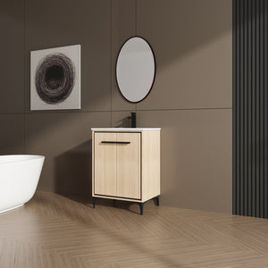 English Elm 24 Inch Oak Bathroom Vanity Base with Basin — Engineered Wood, Double-Door Storage, Minimalist Chic W1972S00003