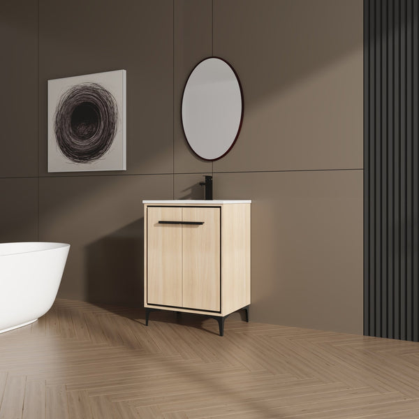 English Elm 24 Inch Oak Bathroom Vanity Base with Basin — Engineered Wood, Double-Door Storage, Minimalist Chic W1972S00003
