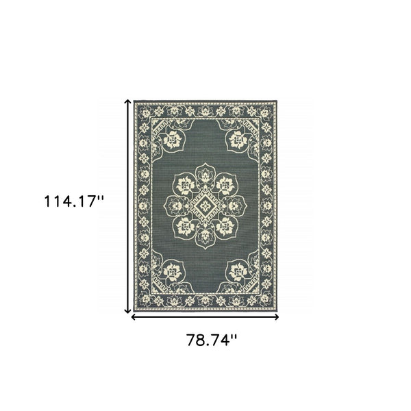 HomeRoots 5' X 8' Elegant Oriental Area Rug - Stain Resistant for Indoor & Outdoor Use, Easy Maintenance Grey/ Ivory 6'7" x 9'6" 507744