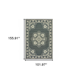 HomeRoots 5' X 8' Elegant Oriental Area Rug - Stain Resistant for Indoor & Outdoor Use, Easy Maintenance Grey/ Ivory 8'6" x 13' 507746