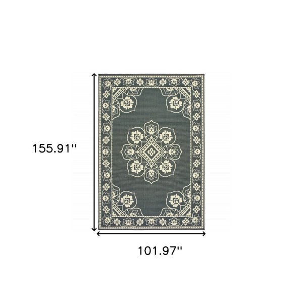 HomeRoots 5' X 8' Elegant Oriental Area Rug - Stain Resistant for Indoor & Outdoor Use, Easy Maintenance Grey/ Ivory 8'6" x 13' 507746