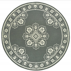 HomeRoots 5' X 8' Elegant Oriental Area Rug - Stain Resistant for Indoor & Outdoor Use, Easy Maintenance Grey/ Ivory 7'10" Round 507747