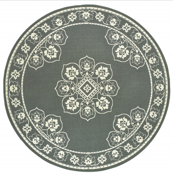 HomeRoots 5' X 8' Elegant Oriental Area Rug - Stain Resistant for Indoor & Outdoor Use, Easy Maintenance Grey/ Ivory 7'10" Round 507747