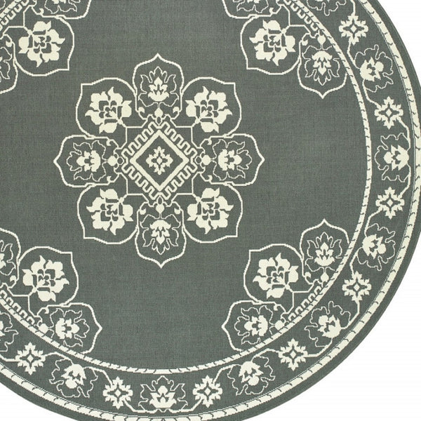 HomeRoots 5' X 8' Elegant Oriental Area Rug - Stain Resistant for Indoor & Outdoor Use, Easy Maintenance Grey/ Ivory 7'10" Round 507747