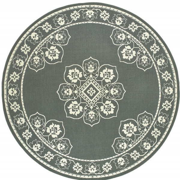 HomeRoots 5' X 8' Elegant Oriental Area Rug - Stain Resistant for Indoor & Outdoor Use, Easy Maintenance Grey/ Ivory 7'10" Round 507747