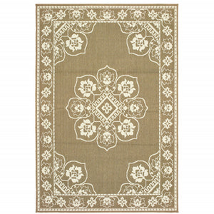 Homeroots 4' X 6' Stain Resistant Indoor Outdoor Area Rug - Elegant Gray And Ivory Oriental Design For Any Space Tan,Ivory Polypropylene 507751