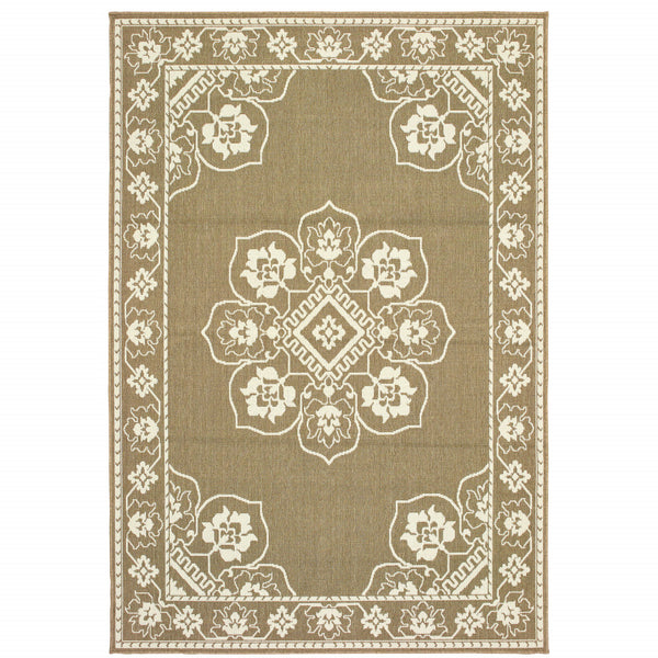 Homeroots 4' X 6' Stain Resistant Indoor Outdoor Area Rug - Elegant Gray And Ivory Oriental Design For Any Space Tan,Ivory Polypropylene 507751