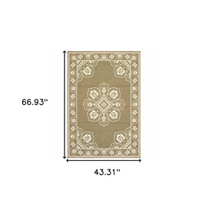 Homeroots 4' X 6' Stain Resistant Indoor Outdoor Area Rug - Elegant Gray And Ivory Oriental Design For Any Space Tan,Ivory Polypropylene 507751