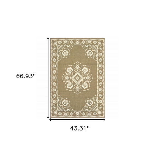 Homeroots 4' X 6' Stain Resistant Indoor Outdoor Area Rug - Elegant Gray And Ivory Oriental Design For Any Space Tan,Ivory Polypropylene 507751