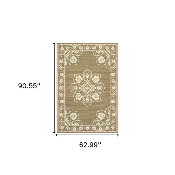 HomeRoots 5' X 8' Elegant Oriental Area Rug - Stain Resistant for Indoor & Outdoor Use, Easy Maintenance Tan/ Ivory 5'3" x 7'6" 507752