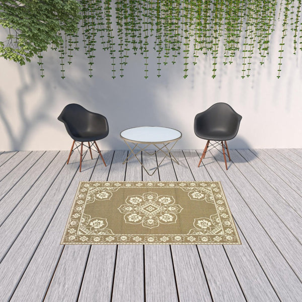 HomeRoots 5' X 8' Elegant Oriental Area Rug - Stain Resistant for Indoor & Outdoor Use, Easy Maintenance Tan/ Ivory 5'3" x 7'6" 507752