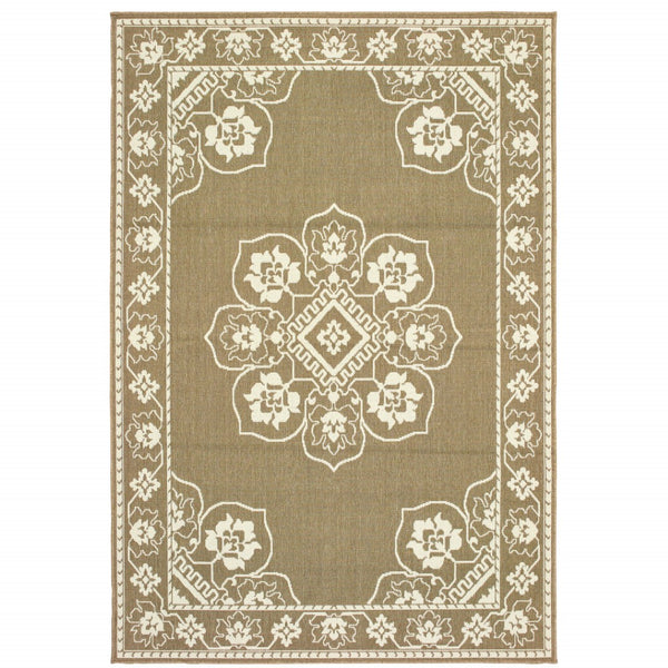 HomeRoots 5' X 8' Elegant Oriental Area Rug - Stain Resistant for Indoor & Outdoor Use, Easy Maintenance Tan/ Ivory 6'7" x 9'6" 507753