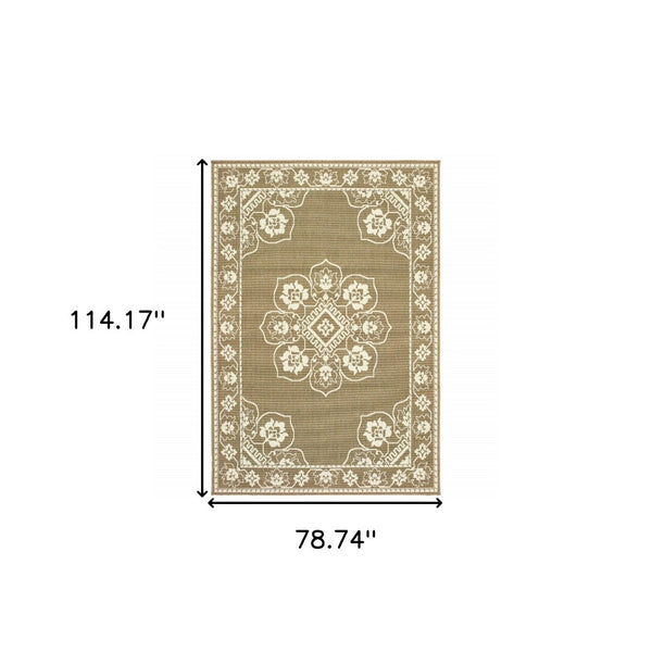 HomeRoots 5' X 8' Elegant Oriental Area Rug - Stain Resistant for Indoor & Outdoor Use, Easy Maintenance Tan/ Ivory 6'7" x 9'6" 507753