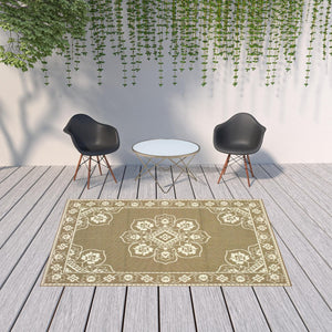 HomeRoots 5' X 8' Elegant Oriental Area Rug - Stain Resistant for Indoor & Outdoor Use, Easy Maintenance Tan/ Ivory 6'7" x 9'6" 507753