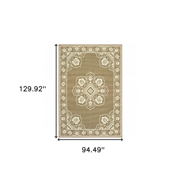 HomeRoots 5' X 8' Elegant Oriental Area Rug - Stain Resistant for Indoor & Outdoor Use, Easy Maintenance Tan/ Ivory 7'10" x 10'10" 507754