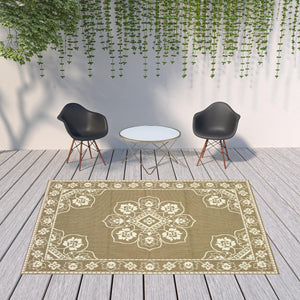 HomeRoots 5' X 8' Elegant Oriental Area Rug - Stain Resistant for Indoor & Outdoor Use, Easy Maintenance Tan/ Ivory 7'10" x 10'10" 507754