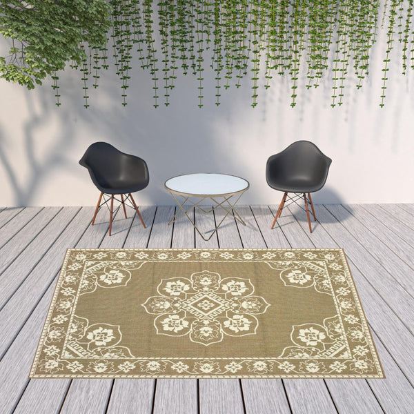 HomeRoots 5' X 8' Elegant Oriental Area Rug - Stain Resistant for Indoor & Outdoor Use, Easy Maintenance Tan/ Ivory 7'10" x 10'10" 507754