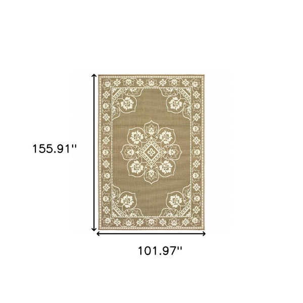 HomeRoots 5' X 8' Elegant Oriental Area Rug - Stain Resistant for Indoor & Outdoor Use, Easy Maintenance Tan/ Ivory 8'6" x 13' 507755