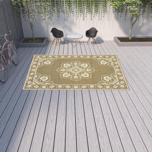 HomeRoots 5' X 8' Elegant Oriental Area Rug - Stain Resistant for Indoor & Outdoor Use, Easy Maintenance Tan/ Ivory 8'6" x 13' 507755