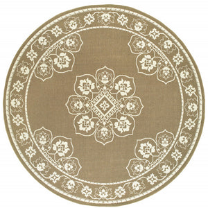 HomeRoots 5' X 8' Elegant Oriental Area Rug - Stain Resistant for Indoor & Outdoor Use, Easy Maintenance Tan/ Ivory 7'10" Round 507756