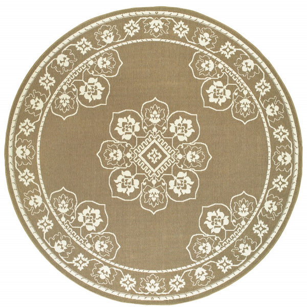 HomeRoots 5' X 8' Elegant Oriental Area Rug - Stain Resistant for Indoor & Outdoor Use, Easy Maintenance Tan/ Ivory 7'10" Round 507756