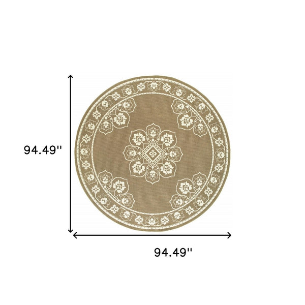 HomeRoots 5' X 8' Elegant Oriental Area Rug - Stain Resistant for Indoor & Outdoor Use, Easy Maintenance Tan/ Ivory 7'10" Round 507756