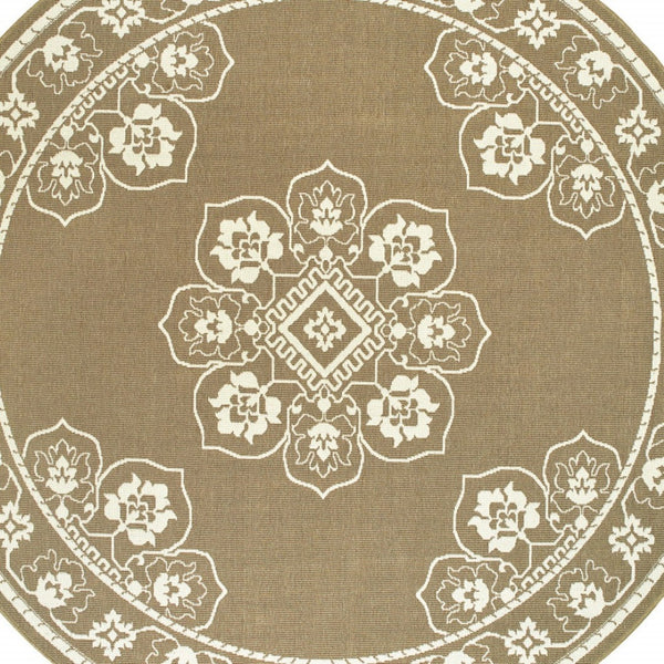 HomeRoots 5' X 8' Elegant Oriental Area Rug - Stain Resistant for Indoor & Outdoor Use, Easy Maintenance Tan/ Ivory 7'10" Round 507756