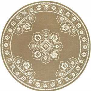 HomeRoots 5' X 8' Elegant Oriental Area Rug - Stain Resistant for Indoor & Outdoor Use, Easy Maintenance Tan/ Ivory 7'10" Round 507756