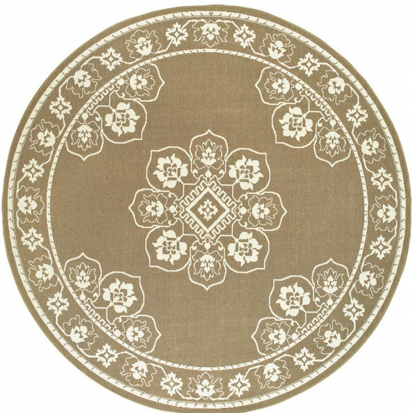 HomeRoots 5' X 8' Elegant Oriental Area Rug - Stain Resistant for Indoor & Outdoor Use, Easy Maintenance Tan/ Ivory 7'10" Round 507756