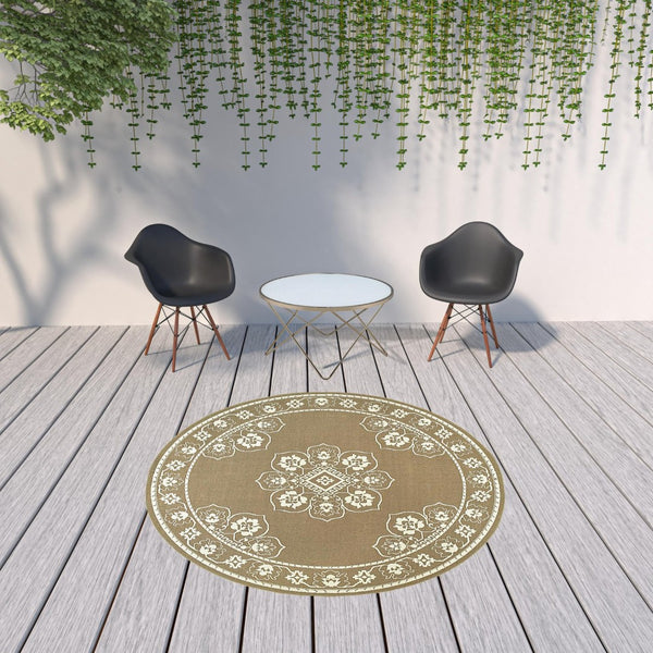 HomeRoots 5' X 8' Elegant Oriental Area Rug - Stain Resistant for Indoor & Outdoor Use, Easy Maintenance Tan/ Ivory 7'10" Round 507756