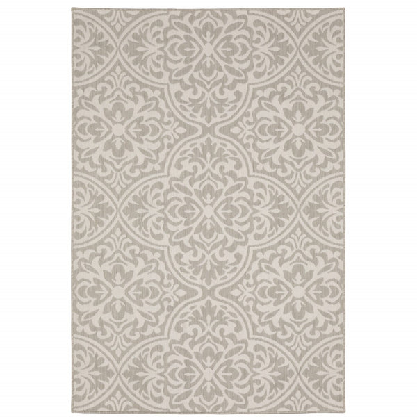 HomeRoots 7' Floral Gray and Ivory Area Rug - Stain-Resistant, Durable, Perfect for Indoor and Outdoor Spaces 9'10" x 12'10" 507768